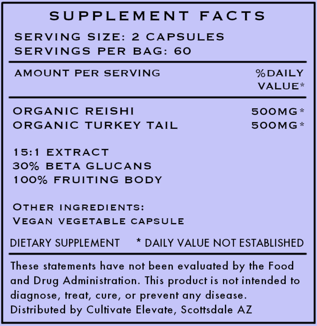 Cultivate Elevate - Organic Reishi Turkey Tail Mushroom Capsules